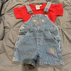 Vintage Radishes & Roses Girls 2T Denim Jean Overalls Strawberry Shorts‎ Red